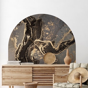 Arch Dark and Gold Abstract Wall Decal, Bed Size Arch Sticker, Shiny Gold & Black Marble, Peel and Stick, SKU:ACDG