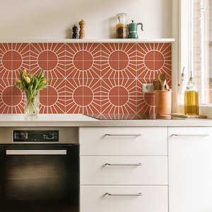 Red Sun Tile Stickers, Bohemian Abstract Shapes Vinyl Tile Decal, Self-Adhesive Wall & Floor, PACK of 10, SKU:RDSU