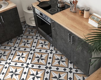 May include: A kitchen floor featuring square tiles with a geometric star pattern in shades of tan, white, and dark gray. The tiles are arranged in a repeating grid, accented by small dark gray diamond shapes at the corners of each square tile.