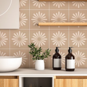 Beige Boho Flower Tile Stickers, Suitable for Wall and Floor, Peel & Stick, Removable Tile Sticker, Pack of 10, SKU:BEFW