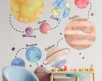 Solar System Decals, Watercolor Planets, Space Wall Stickers, Planets Peel and Stick, Educational Wall Art, SKU:SPWA-EN