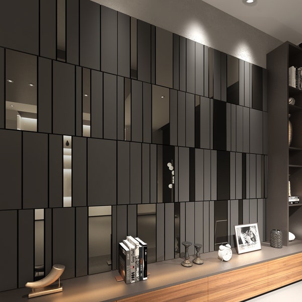 Panneaux décoratifs gris foncé et miroir argenté, Panneaux muraux 3D, Installation facile, SKU :GSIS