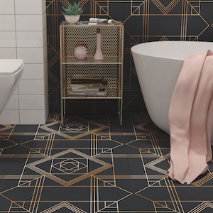 アールデコ柄 - タイルステッカー - カーラージュ粘着 - ダークタイルステッカー - キッチン/バスルーム用タイル - 10枚パック - SKU:ATDC