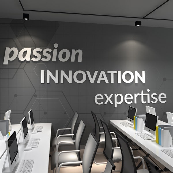 Pasión, innovación, experiencia, cita comercial, arte de pared de oficina 3D, cita motivacional, SKU:PINE