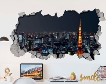 Tokyo - 3D Wallpaper - 3d Wall Art - Broken Wall - 3d Wall Stickers - Wall Sticker - Wall Decal - 3d Wallpaper - 3d wall decals -SKU:TOKY3DW