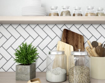 White Herringbone Backsplash Decals - Subway Tile Peel and Stick - Vinyl Self Adhesive - Kitchen Wall Decals - SKU:RT45