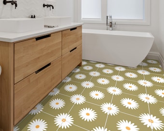 Daisies Flowers Tile Stickers, Olive Tile Decals, Self-Adhesive, Retro Floral Tile Vinyl, Pack of 10, SKU:GRDA