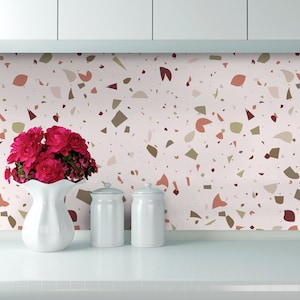 Red White Terrazzo Adhesive Film, Waterproof, Kitchen Backsplash - SKU:RWTAF