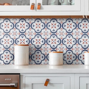 Blue and Red Portuguese Tile Stickers, Carrelage Adhésif, Peel & Stick, Waterproof, Decal for DIY, Stickers Carrelage, Pack of 10, SKU:PTRB