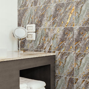 Grau-Gold-Marmor-Fliesenaufkleber, dunkler Marmor, geeignet für Wand und Boden, Vinyl matt, wasserfest, Fliesenaufkleber, 10er-Pack, SKU: GGDM