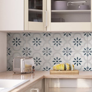 Kitchen Wall Decal - Grey Blue Flower Tile Backsplash - Crédence adhésive - Kitchen Backsplash Peel and Stick in Roll - SKU:RT50
