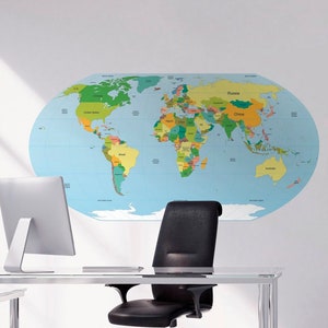 Round World Map, World Map, Office, Map Decals, World Map Decals, Wall Decal, Wall Art, Stickers, Wall Decor, Decal - SKU:RoudeWMStick