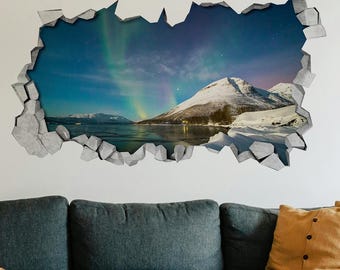 Northern Lights Wall Decal, Aurora Borealis View, Southern Lights Emerald Night Sky, 3d Wallpaper, SKU:AUR3DW