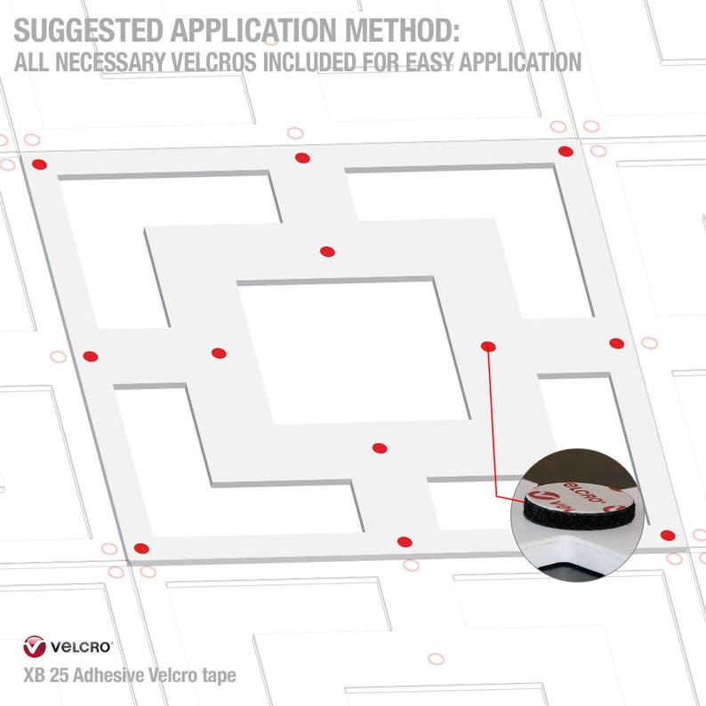 May include: A white, diamond-shaped frame with red dots around the perimeter. The frame is made of a thick, rigid material and has a smooth surface. The frame is designed to be attached to a wall using adhesive Velcro strips. The image shows the suggested application method for the frame, with the Velcro strips attached to the back of the frame. The text "SUGGESTED APPLICATION METHOD: ALL NECESSARY VELCROS INCLUDED FOR EASY APPLICATION" is printed at the top of the image. The text "VELCRO XB 25 Adhesive Velcro tape" is printed at the bottom of the image.