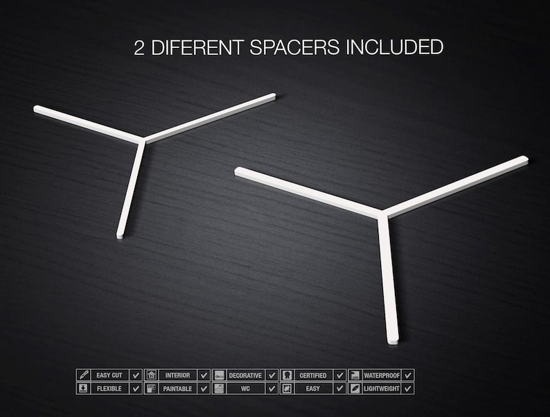Puede incluir: Dos separadores de pl&aacute;stico blanco, en forma de Y, se muestran sobre un fondo gris oscuro. El texto "2 DIFFERENT SPACERS INCLUDED" est&aacute; en la parte superior de la imagen. Los separadores son f&aacute;ciles de cortar, flexibles, para interiores, decorativos, certificados, pintables, impermeables y ligeros.