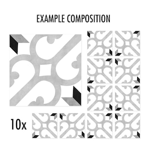 May include: A set of 10 square tiles featuring a repeating gray and white scrollwork pattern with black geometric corner accents. The text "EXAMPLE COMPOSITION" is printed at the top, and the text "10x" is printed near the bottom left corner.