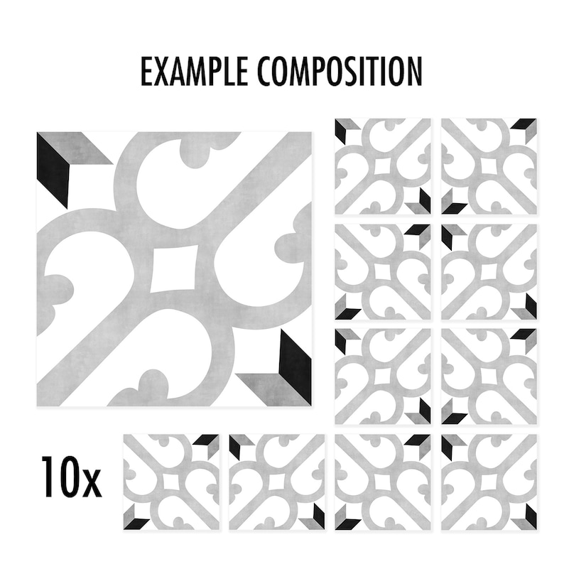 May include: A set of 10 square tiles featuring a repeating gray and white scrollwork pattern with black geometric corner accents. The text "EXAMPLE COMPOSITION" is printed at the top, and the text "10x" is printed near the bottom left corner.