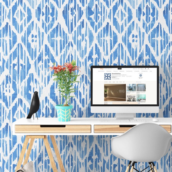 Blue Ikat - Indigo - Watercolor Wallpaper - Wall Mural - Adhesive Wallpaper - Removable Wallpaper - Customizable Wallpaper - SKU: IKAT