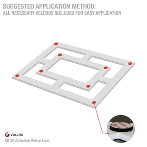 May include: Diagram showing the suggested application method for a product using adhesive Velcro dots. The diagram shows a white surface with a grid pattern and red dots indicating where to place the Velcro dots. The image also shows a close-up of a single Velcro dot.