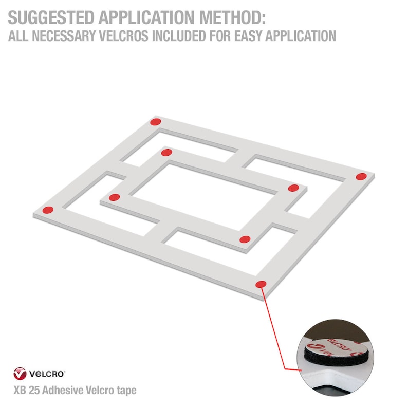 May include: Diagram showing the suggested application method for a product using adhesive Velcro dots. The diagram shows a white surface with a grid pattern and red dots indicating where to place the Velcro dots. The image also shows a close-up of a single Velcro dot.