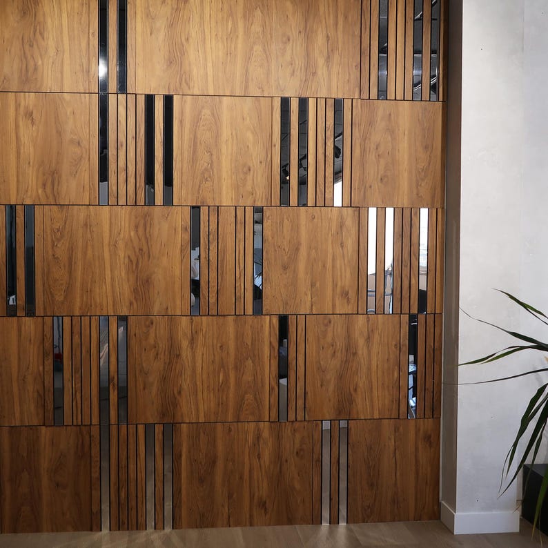 Modular Wall Panels Dark Wood and Silver Mirror, 3D Wall Panels, Modern ...