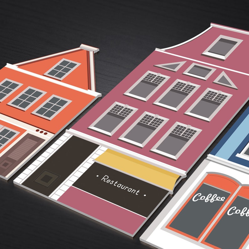 May include: Illustration of three colorful buildings with storefront signs. The building on the left is orange with a red roof. The middle building is pink with a yellow awning and a sign that says "Restaurant". The building on the right is white with a blue roof and a sign that says "Coffee".