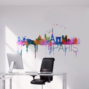 Paris City Skyline Watercolor Effect Sticker - Home Design - Watercolor Art - Wall Decals - SKU:PaSkWatSt