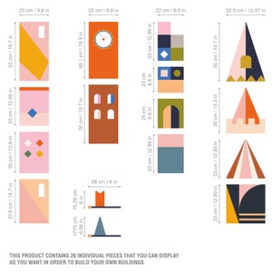 May include: A collection of 26 individual building blocks in various shapes and colors, including pink, orange, blue, and green. The blocks are of different sizes, with some measuring up to 19.7 inches (50 cm) in height. The text on the image says: "THIS PRODUCT CONTAINS 26 INDIVIDUAL PIECES THAT YOU CAN DISPLAY AS YOU WANT IN ORDER TO BUILD YOUR OWN BUILDINGS."