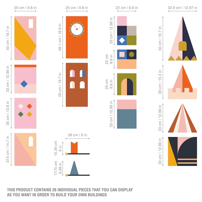 May include: A collection of 26 individual building blocks in various shapes and colors, including pink, orange, blue, and green. The blocks are of different sizes, with some measuring up to 19.7 inches (50 cm) in height. The text on the image says: "THIS PRODUCT CONTAINS 26 INDIVIDUAL PIECES THAT YOU CAN DISPLAY AS YOU WANT IN ORDER TO BUILD YOUR OWN BUILDINGS."