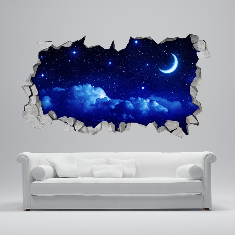 moon wall sticker 3d broken wall decal 3d wallpaper wall | etsy