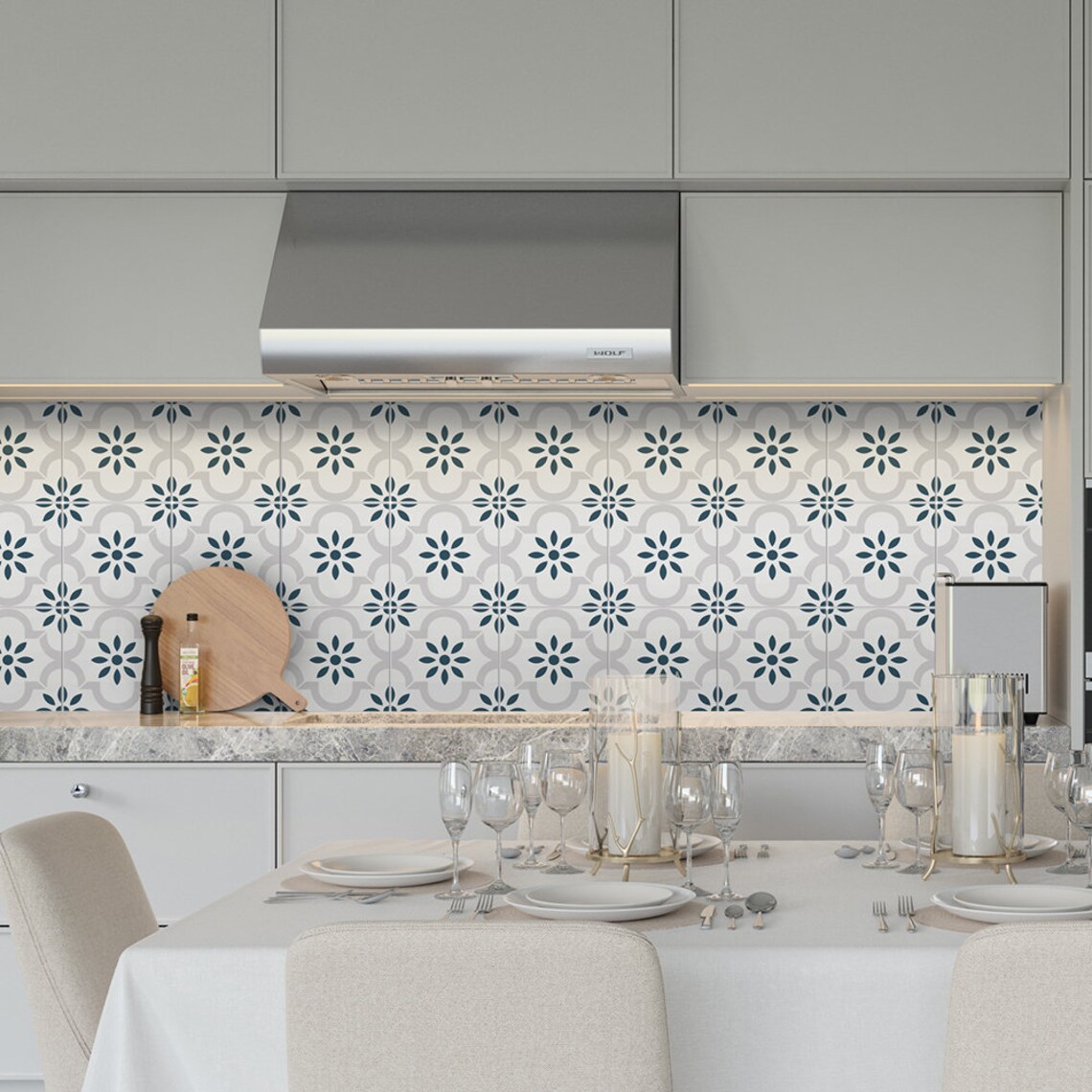 Kitchen Wall Decal Grey Blue Flower Tile Backsplash - Etsy