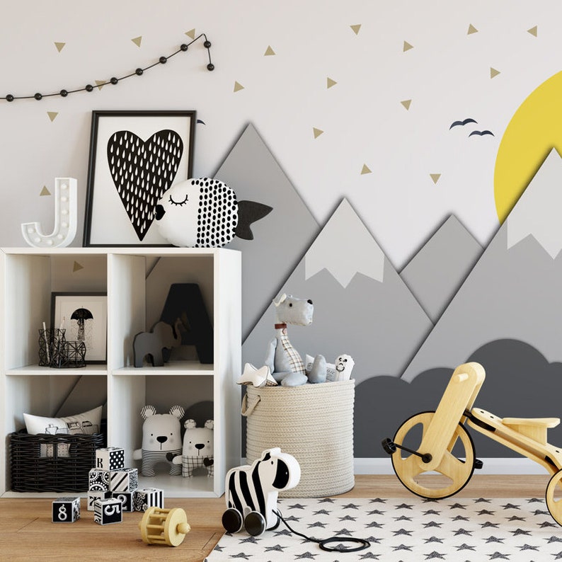 Mountains and Sun Nursery Wall Mural Paper cut Nursery Decor Kids Room Adhesive Fabric Peel And Stick SKU: MOUSU image 2