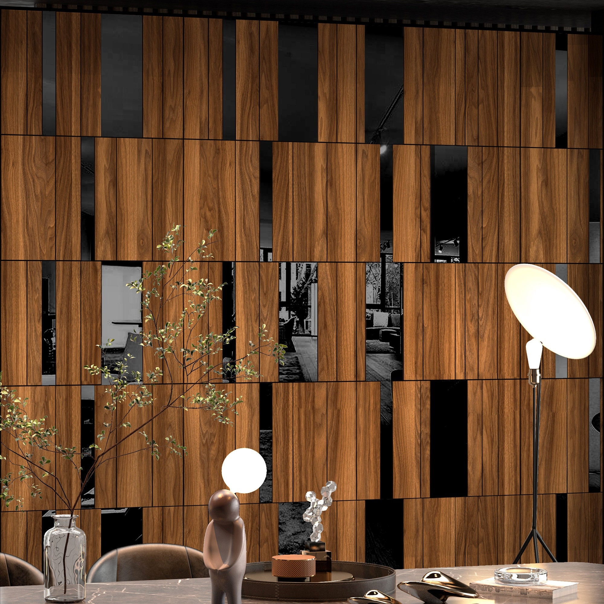 Dark Wood and Black Gloss Decorative Panels, Accent Feature Wall