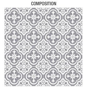 May include: A grid of sixteen square tiles arranged in a four-by-four pattern, labeled COMPOSITION at the top. Each tile features a repeating gray and white quatrefoil floral motif with a central cross design and symmetrical leaf accents.