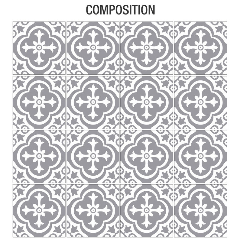 May include: A grid of sixteen square tiles arranged in a four-by-four pattern, labeled COMPOSITION at the top. Each tile features a repeating gray and white quatrefoil floral motif with a central cross design and symmetrical leaf accents.