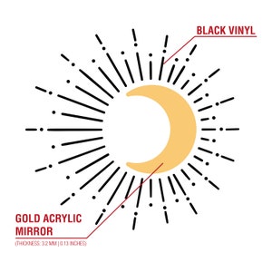 Puede incluir: Un espejo de acr&iacute;lico dorado con forma de media luna y rayos de sol de vinilo negro. El espejo tiene un grosor de 3,2 mm (0,13 pulgadas).