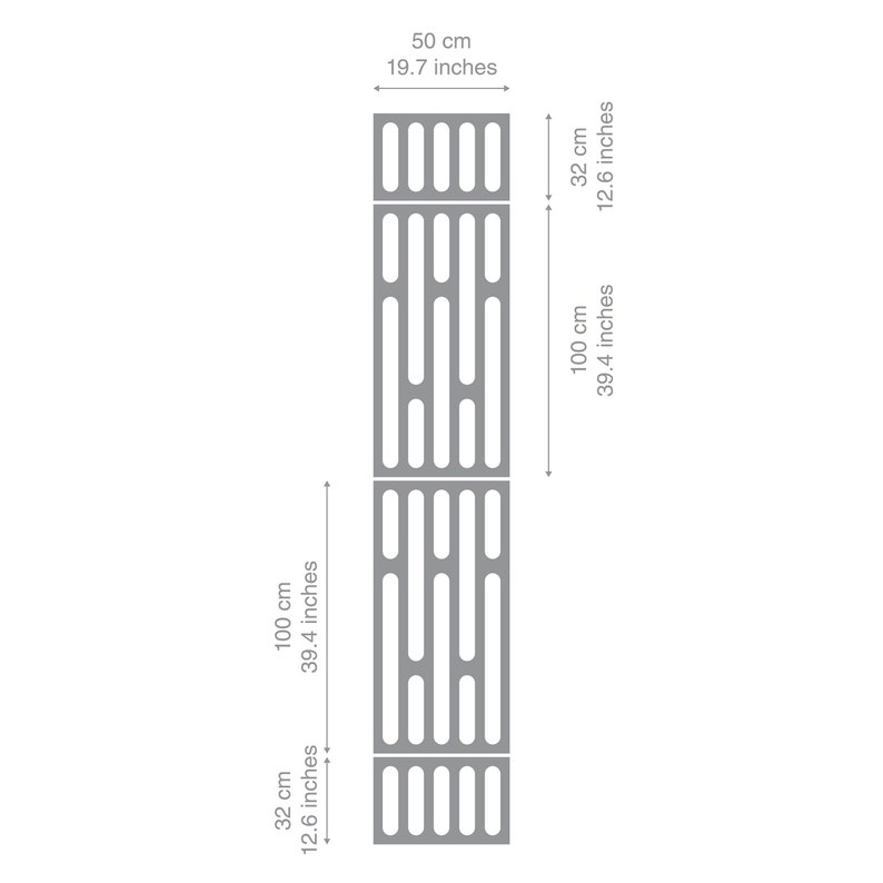 May include: Gray decorative panels with a geometric design. Each panel is 19.7 inches wide and 39.4 inches tall. The image also shows a panel that is 12.6 inches tall. The panels are arranged vertically.