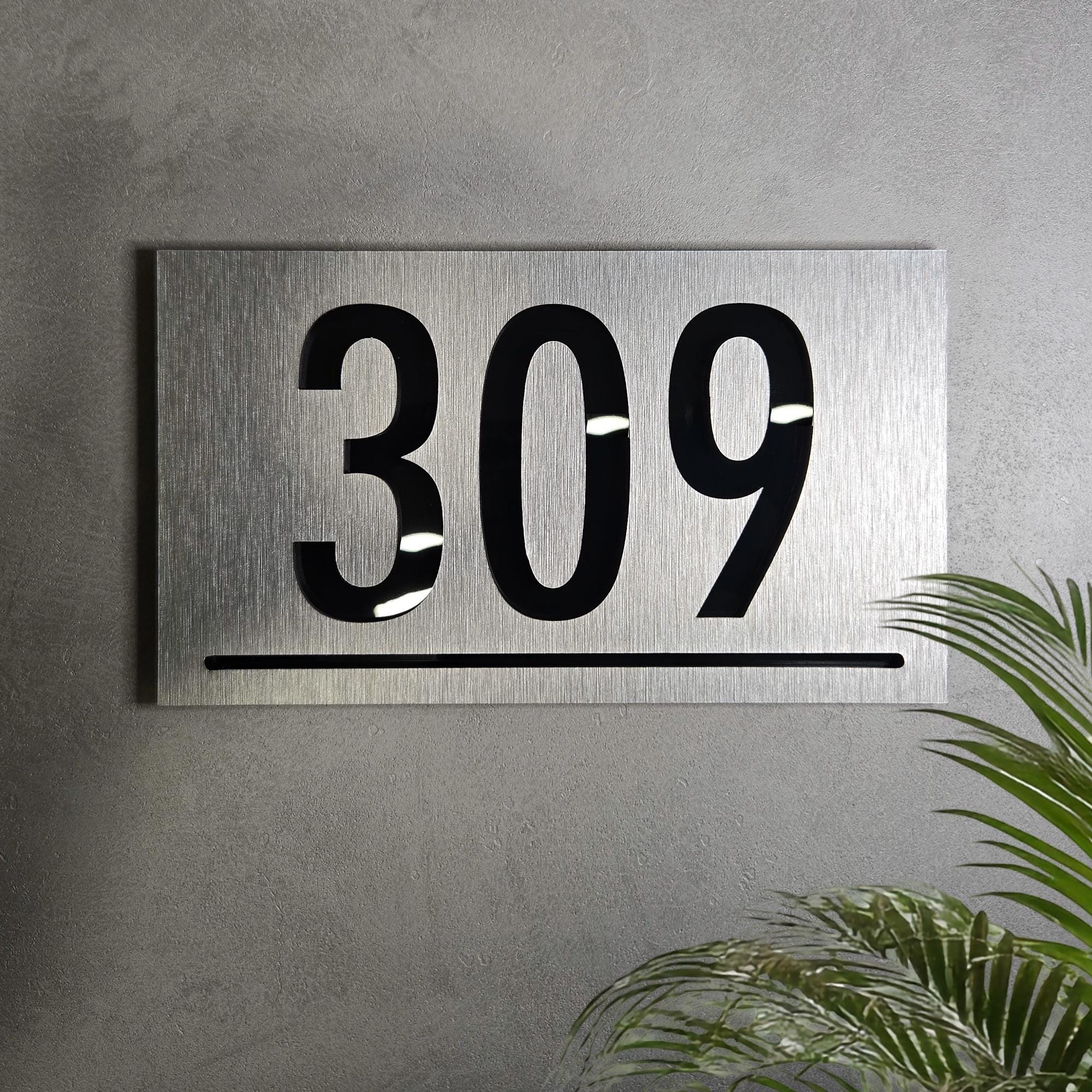 Black and Silver Brush Number Plaque, Custom Door Sign, Room Number Sign, Condo Unit Numbers, Black Acrylic Gloss, SKU:BABS