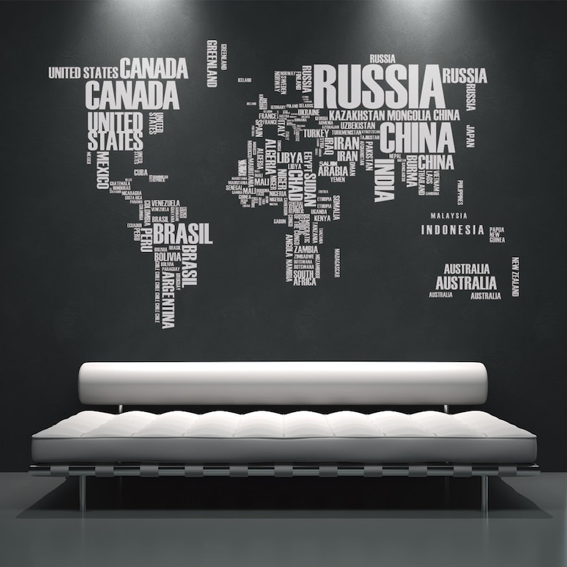 world map wall decals wall stickers country names text | etsy
