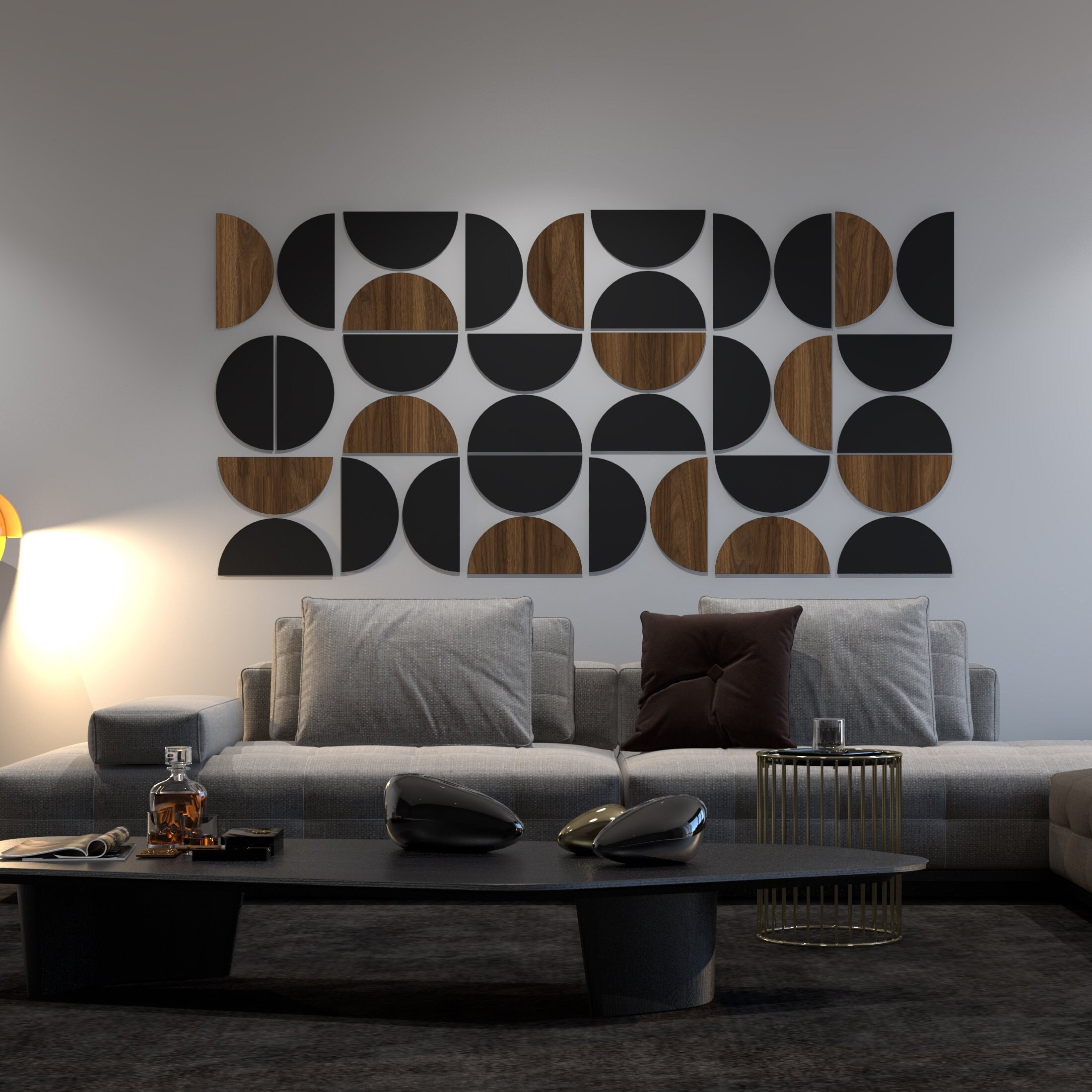 Half Circles Textured Dark Wood Imitation, 3D Geometric Wall