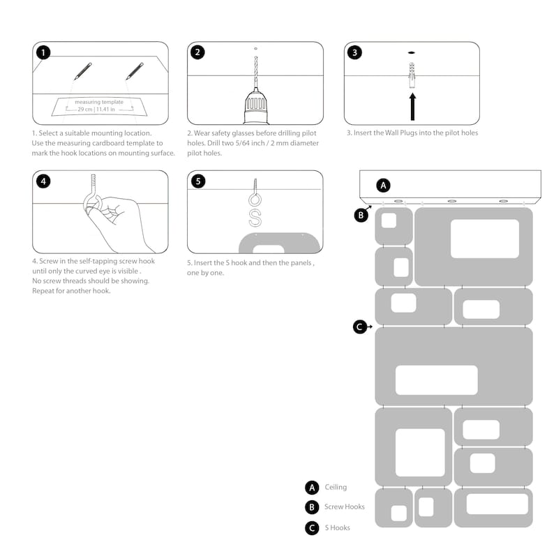 Puede incluir: Diagrama de instalaci&oacute;n de un panel decorativo de pared. Incluye una plantilla de medici&oacute;n (29 cm), instrucciones de perforaci&oacute;n e inserci&oacute;n de ganchos de tornillo. El dise&ntilde;o del panel presenta formas rectangulares y cuadradas.