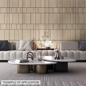 May include: A modern living room setting featuring a light-colored sofa with throw pillows, two oval marble-topped coffee tables, and a light wood panel wall. A decorative sculpture and a vase are on the tables. The text "EXAMPLE OF APPLICATION" is at the bottom.