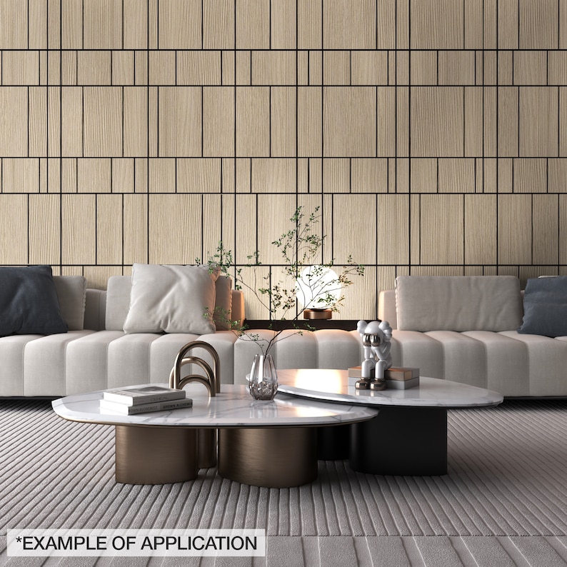May include: A modern living room setting featuring a light-colored sofa with throw pillows, two oval marble-topped coffee tables, and a light wood panel wall. A decorative sculpture and a vase are on the tables. The text "EXAMPLE OF APPLICATION" is at the bottom.