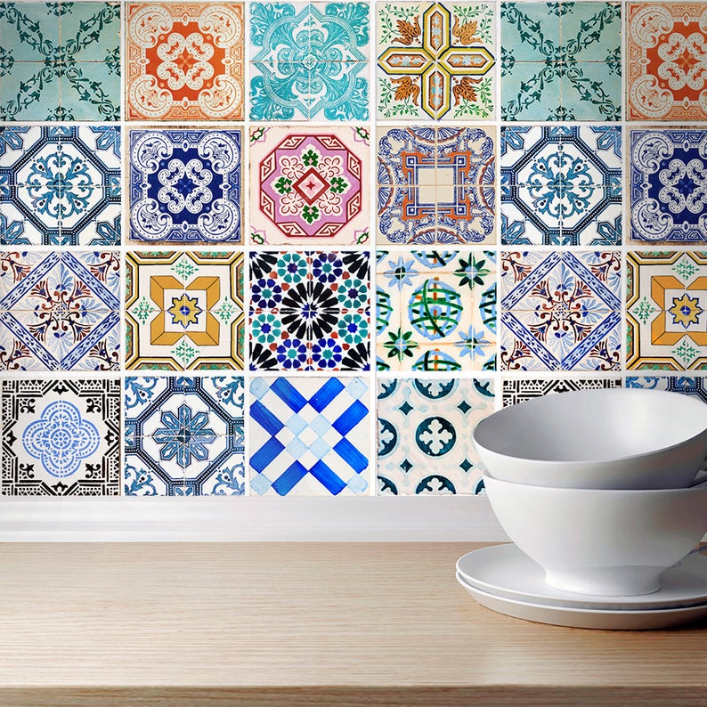 Traditional Spanish Tiles Stickers - Tiles Decals - Tiles for Kitchen Backsplash or Bathroom - Home - Carrelage - PACK of 32 - SKU:SPANTILES 