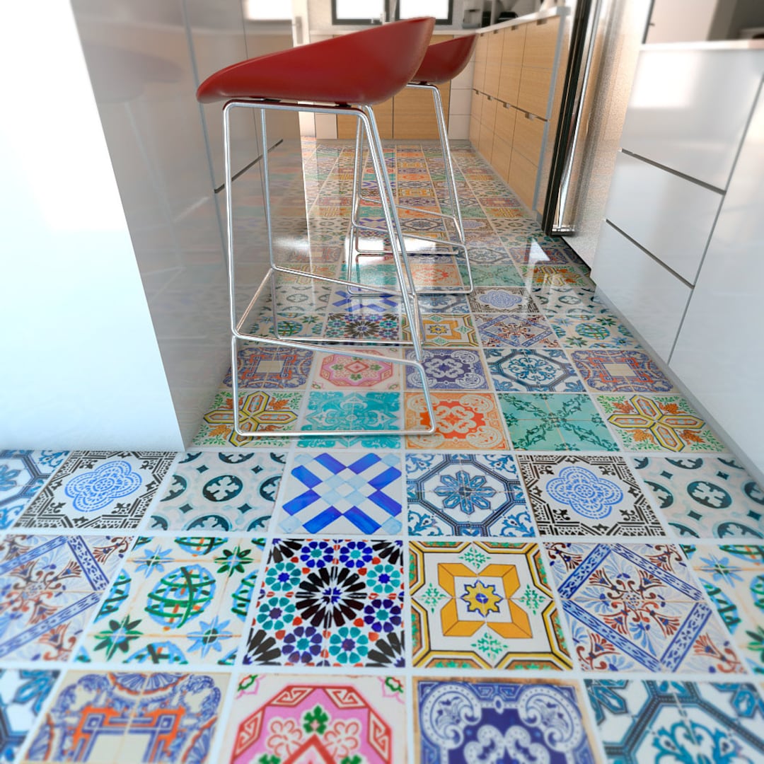 Colourful Mexican tiles kitchen flooring - TenStickers