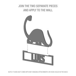 May include: A gray dinosaur silhouette wall decor with the name "LUIS" underneath. The dinosaur and name are separate pieces that need to be joined together.