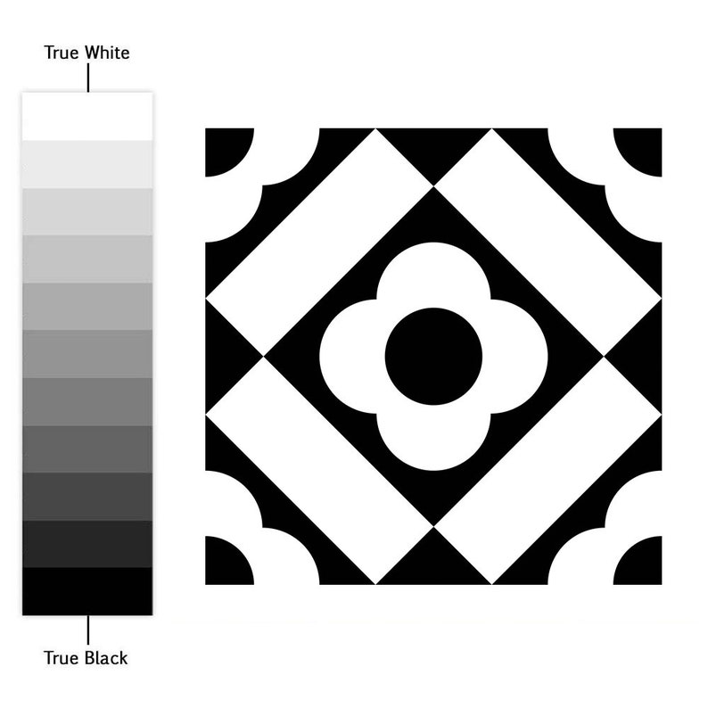 Puede incluir: Un azulejo cuadrado con un patr&oacute;n geom&eacute;trico en blanco y negro, una forma de flor central de cuatro p&eacute;talos y detalles en las esquinas. A la izquierda, una barra de degradado de gris vertical muestra tonos desde True White hasta True Black.