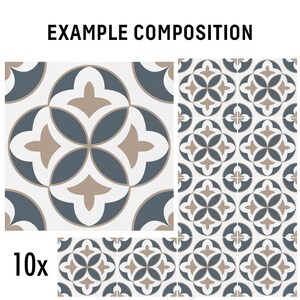 Puede incluir: Un conjunto de 10 azulejos cuadrados con un patr&oacute;n geom&eacute;trico repetitivo en azul pizarra, beige y blanco. El dise&ntilde;o consiste en c&iacute;rculos entrelazados y formas florales estilizadas. El texto EXAMPLE COMPOSITION est&aacute; arriba y 10x abajo.