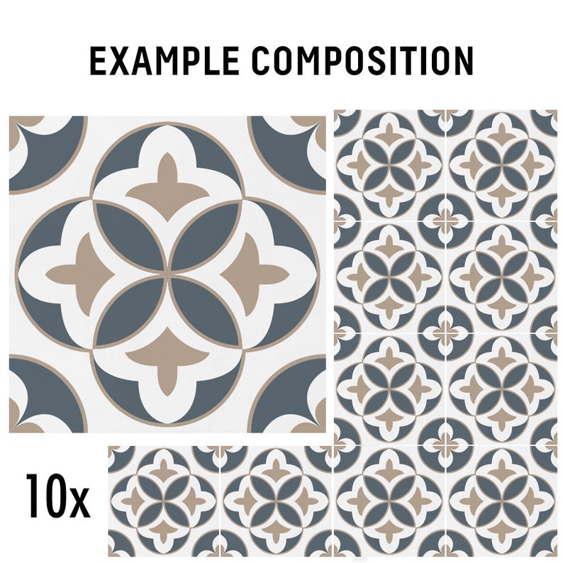 Puede incluir: Un conjunto de 10 azulejos cuadrados con un patr&oacute;n geom&eacute;trico repetitivo en azul pizarra, beige y blanco. El dise&ntilde;o consiste en c&iacute;rculos entrelazados y formas florales estilizadas. El texto EXAMPLE COMPOSITION est&aacute; arriba y 10x abajo.