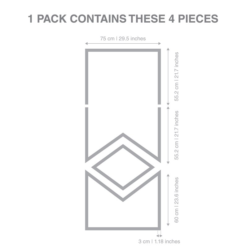 May include: A set of four grey geometric wall decor pieces. The pieces are in the shape of a rectangle with a diamond shape inside. The largest piece measures 75 cm by 60 cm. The text "1 PACK CONTAINS THESE 4 PIECES" is at the top of the image.